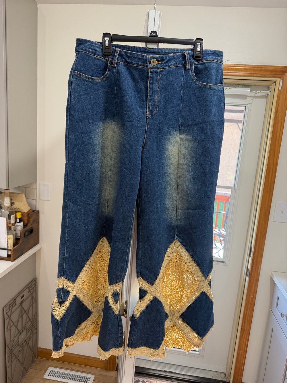 Dark Blue Flared Jeans with Gold Lace Insets